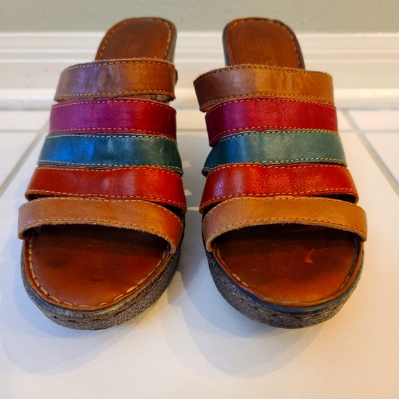 BORN MULTI COLOR STRAP LEATHER PLATFORM WEDGE 'LUMI' SLIDE SANDALS WOMEN'S SZ 10 - Picture 1 of 9